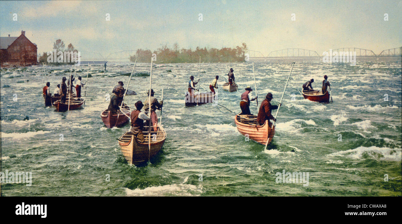 Indians fishing at the Soo, photochrom, circa 1901. Stock Photo