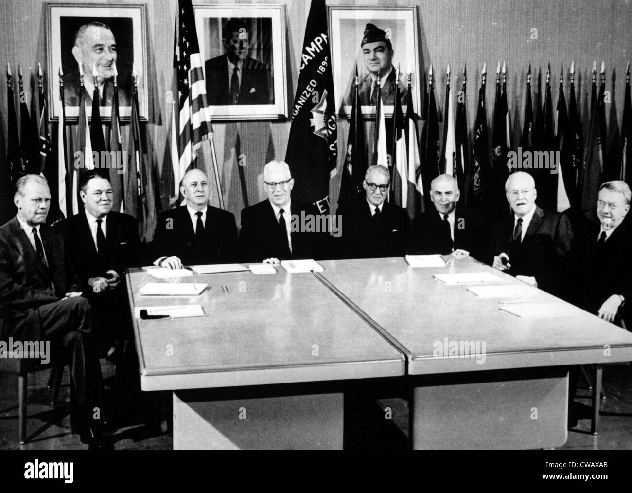 The Warren Commision: Gerald Ford, Hale Boggs, Richard B. Russell, Earl Warren, John Sherman Cooper, John J. McCloy, Allen W. Stock Photo