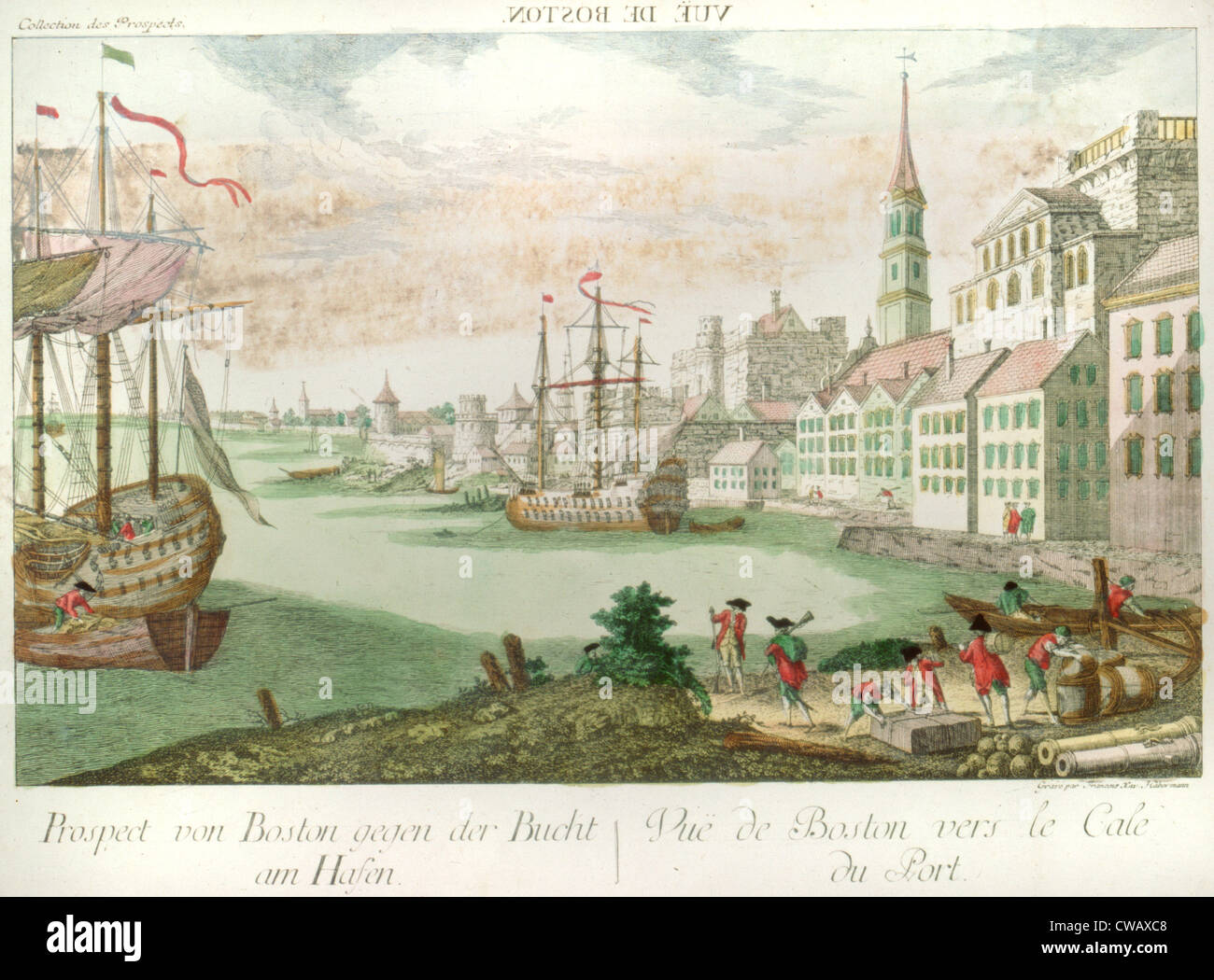 The American Revolution, Vue de Boston. Prospect von Boston gegan der Bucht am Hasen Vue de Boston vers le Cale du Port, harbor Stock Photo