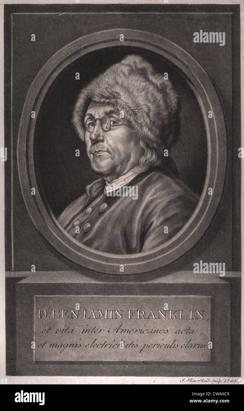 Benjamin Franklin, et vita inter Americanos acta et magnis electricitatis periculis clarus, Benjamin Franklin, head and Stock Photo
