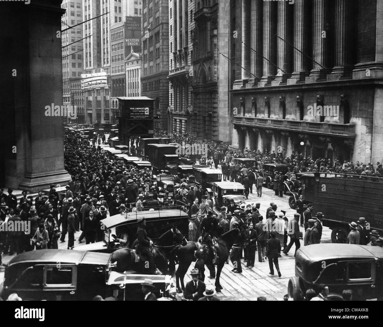 EV1804 - Mounted police patroling the crowds at Wall Street and Broad Street on Black Thursday, (New York Stock Exchange on Stock Photo
