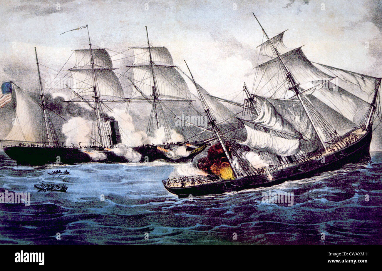 The Union Sloop of War Kearsarge sinking the Confederate ship Alabama, June 19, 1864, lithograph by Currier & Ives, 1864 Stock Photo