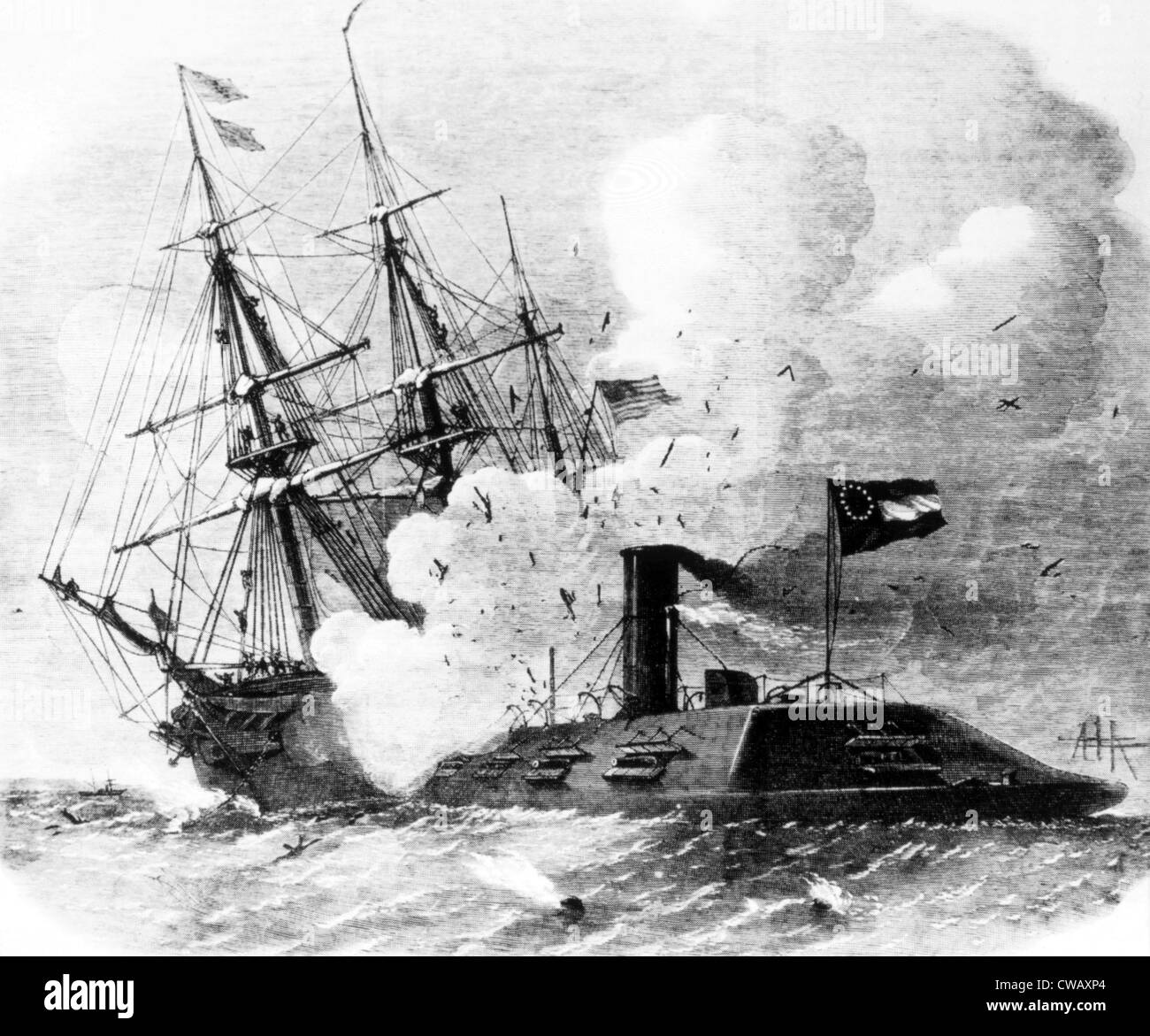 The Battle of Hampton Roads, the Virginia (formerly the Merrimack) destroys the Cumberland, 1862 Stock Photo