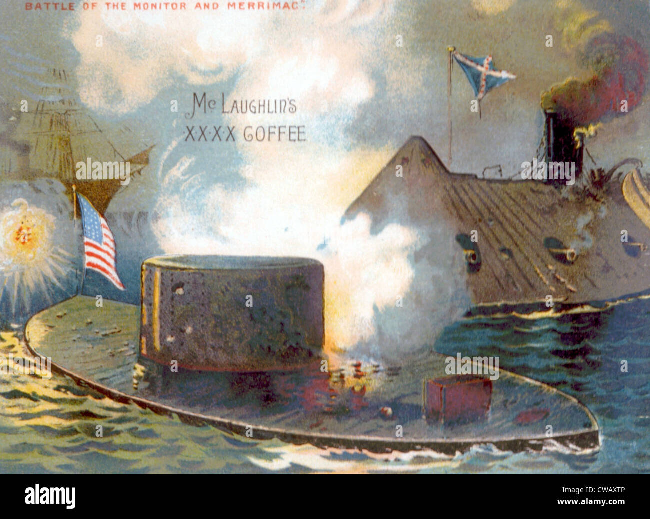 The Battle of the Monitor and the Merrimack, March 8, 1862, trade card for McLaughlin's coffee published 1889 Stock Photo
