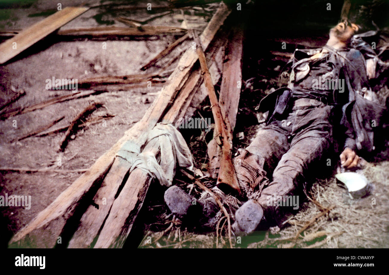 Dead Confederate soldier of Ewell's Corps killed near Spotsylvania Court House, Virginia, May 19, 1864, photograph by Timothy Stock Photo