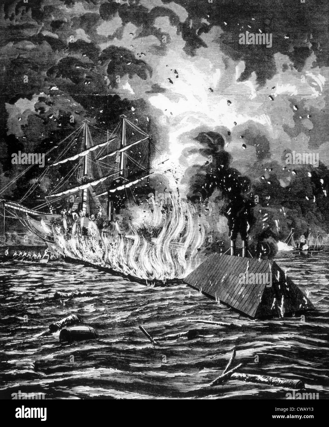 The Battle of New Orleans, The USS Hartford on fire, April, 1862 Stock Photo