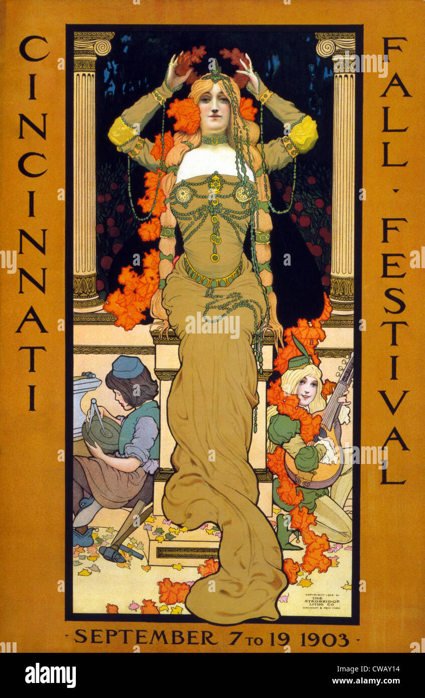 Poster for the Cincinnati Fall Festival, showing a woman seated on a pedestal placing a wreath on her head and wearing art Stock Photo