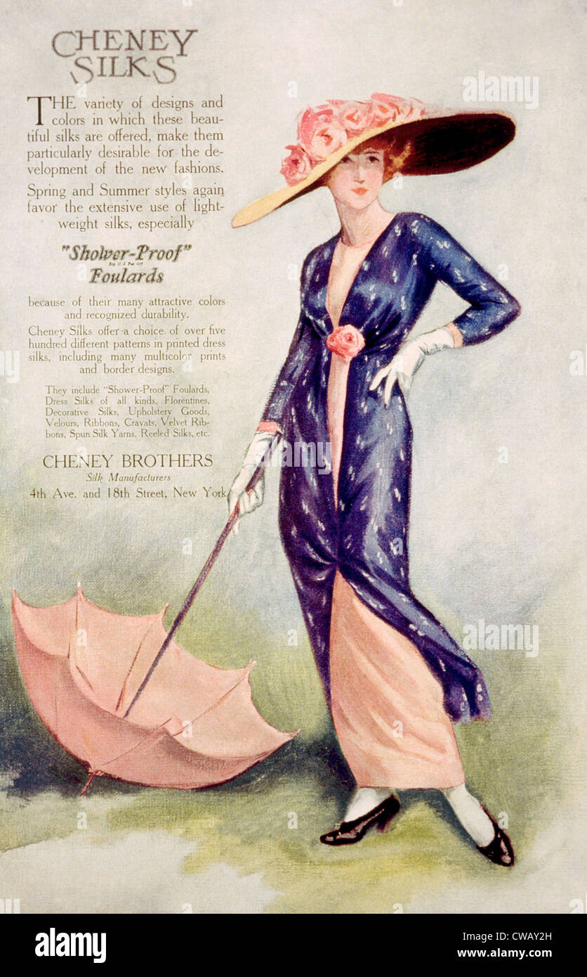 Advertisement for Cheney Brothers 'shower-proof' silks, 1912. Photo: Courtesy Everett Collection Stock Photo