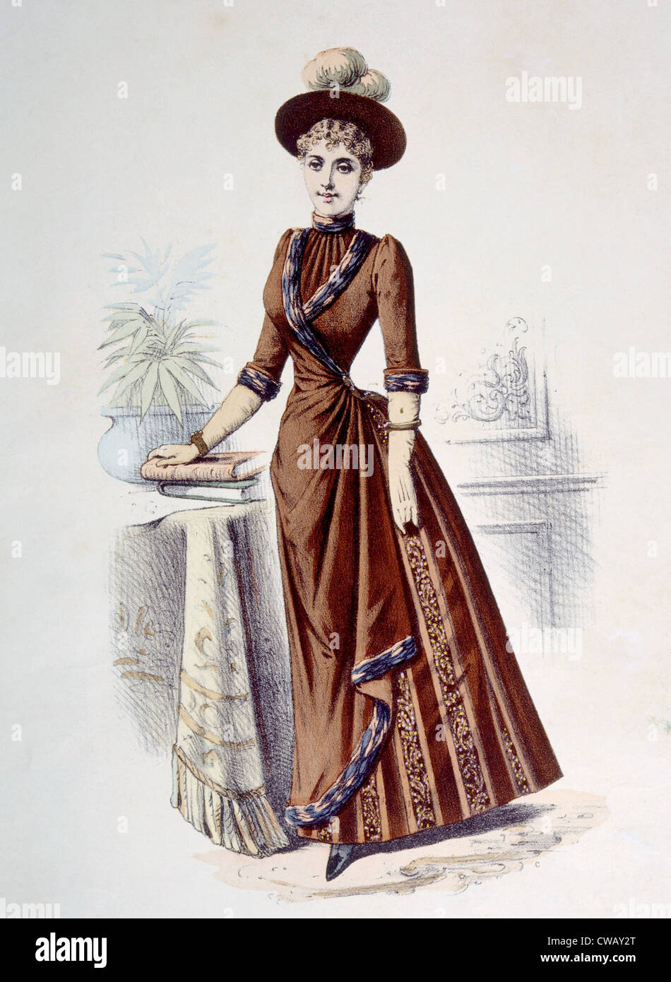 Woman wearing a bustle dress, hand-colored engraving, 1889. Photo: Courtesy Everett Collection Stock Photo