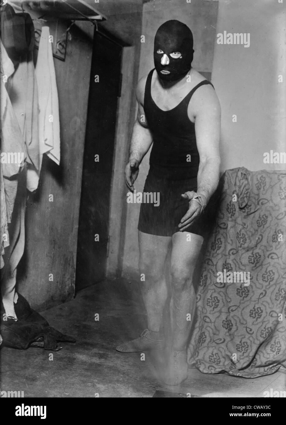 Man in wrestling mask, circa 1940s. Stock Photo