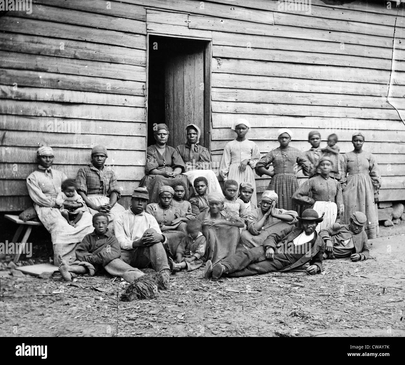 The Civil War, African American 'contrabands' (escaped slaves), at Foller's house, Cumberland Landing, Virginia, by James F. Stock Photo