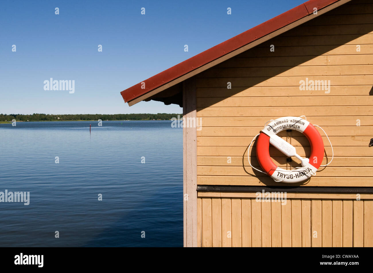 lifebelt ring lifesaver life belt ring drown drowning sweden swedish lake lakes Stock Photo