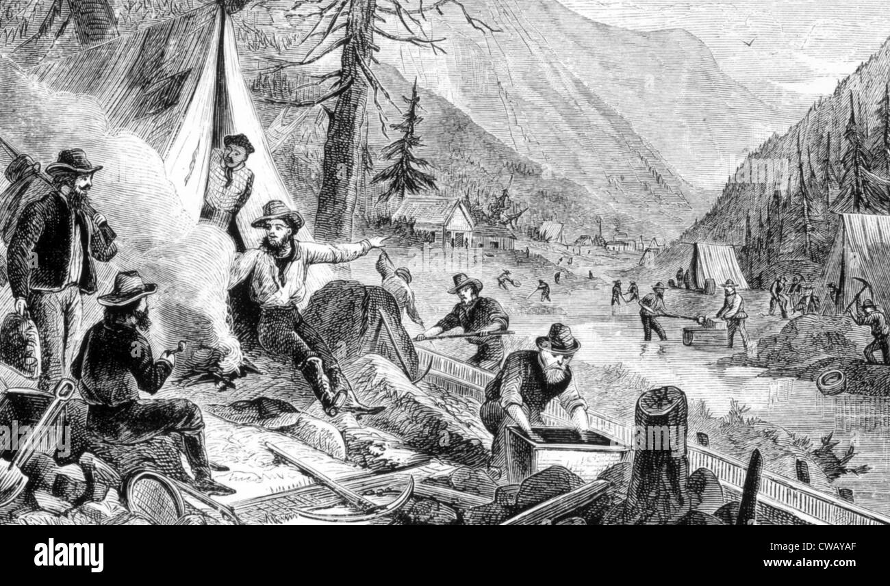 The Gold Rush, a gold miner camp in the Klondike, engraving 1898 Stock Photo