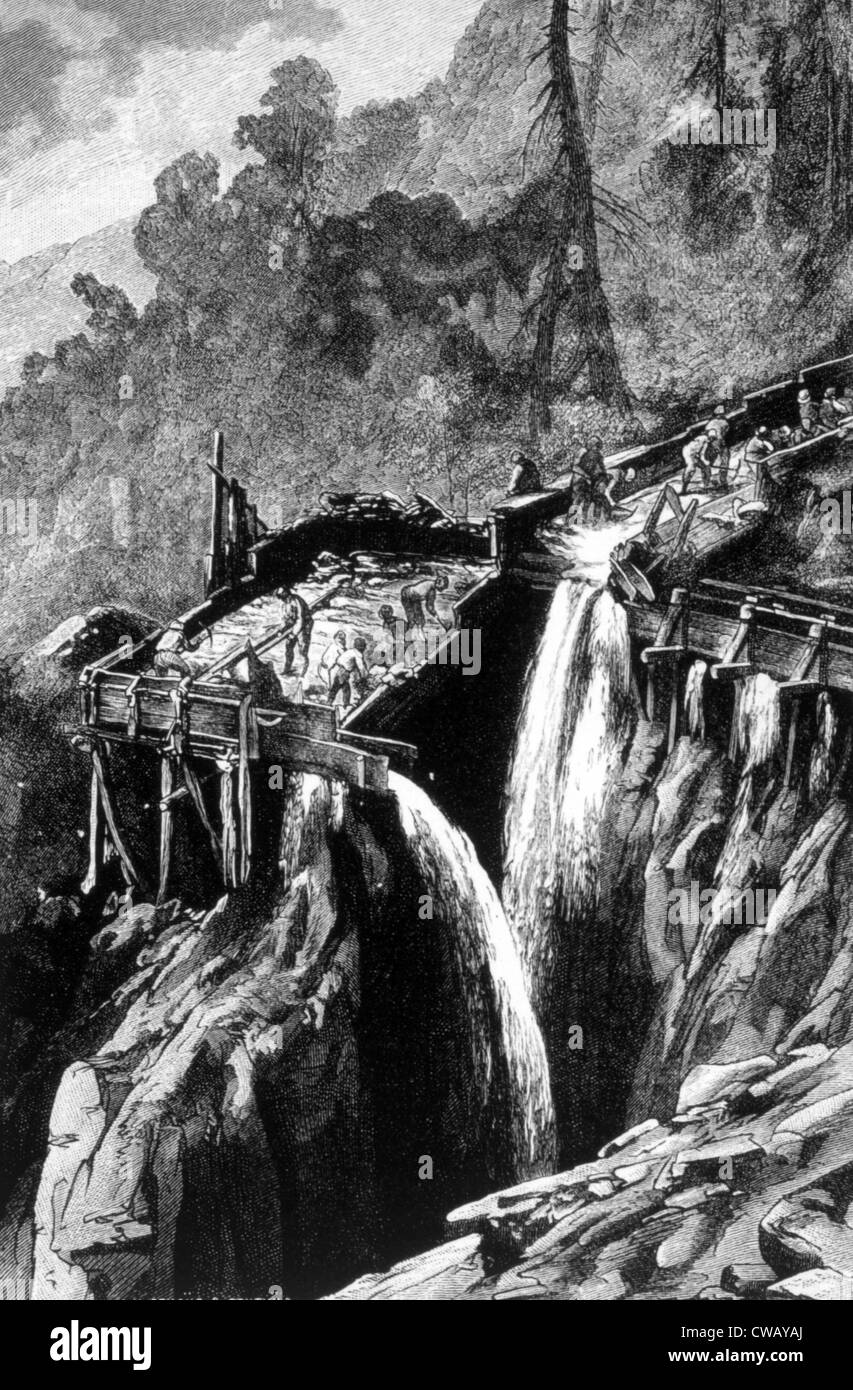The Gold Rush, washing for gold in California, 1849, engraving 1869 Stock Photo
