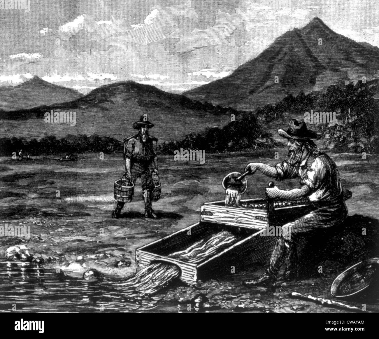 The Gold Rush, prospector using the reeker, engraving 1897 Stock Photo