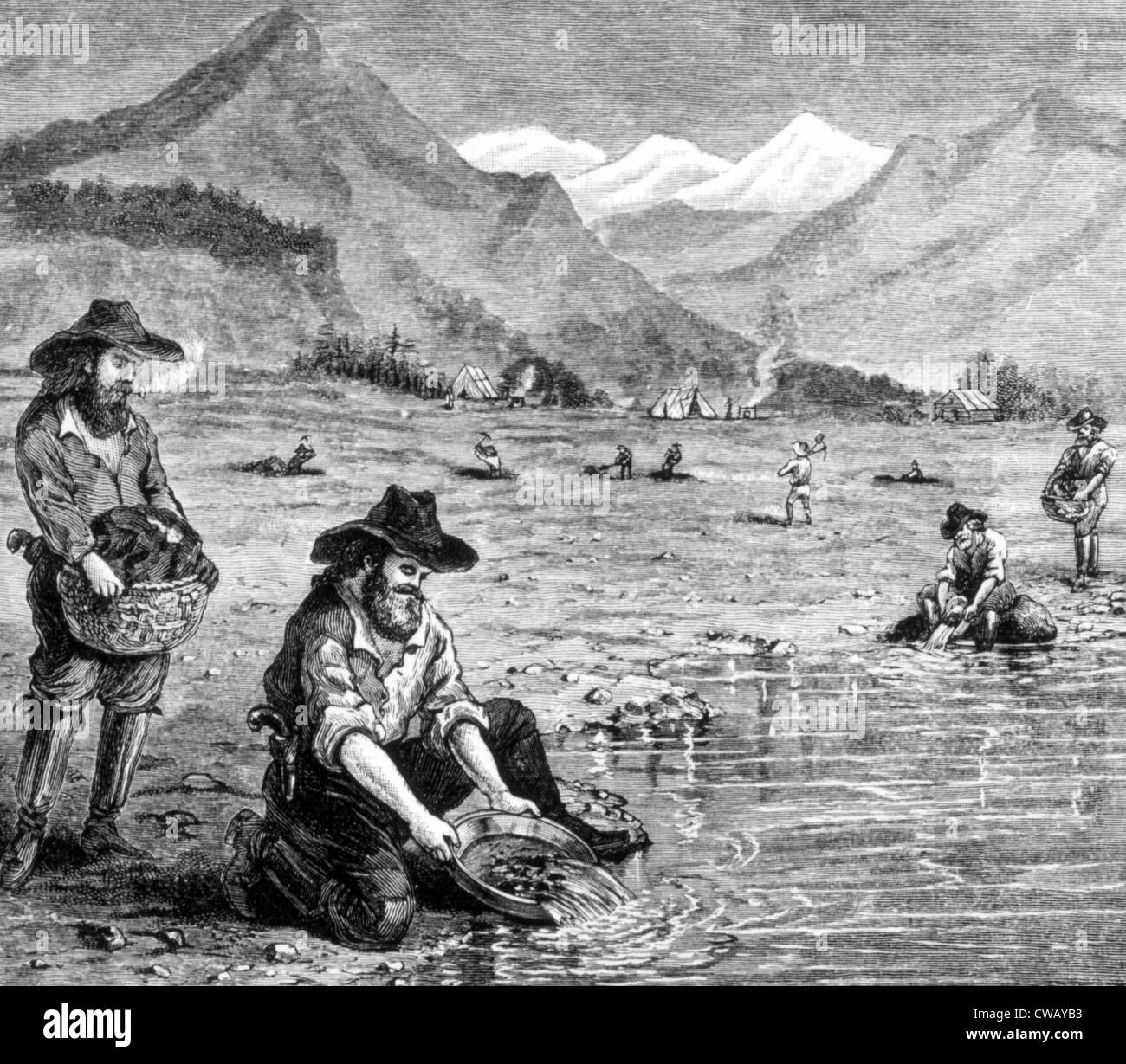 The Gold Rush, panning for gold in California, 1849, engraving 1891 Stock Photo