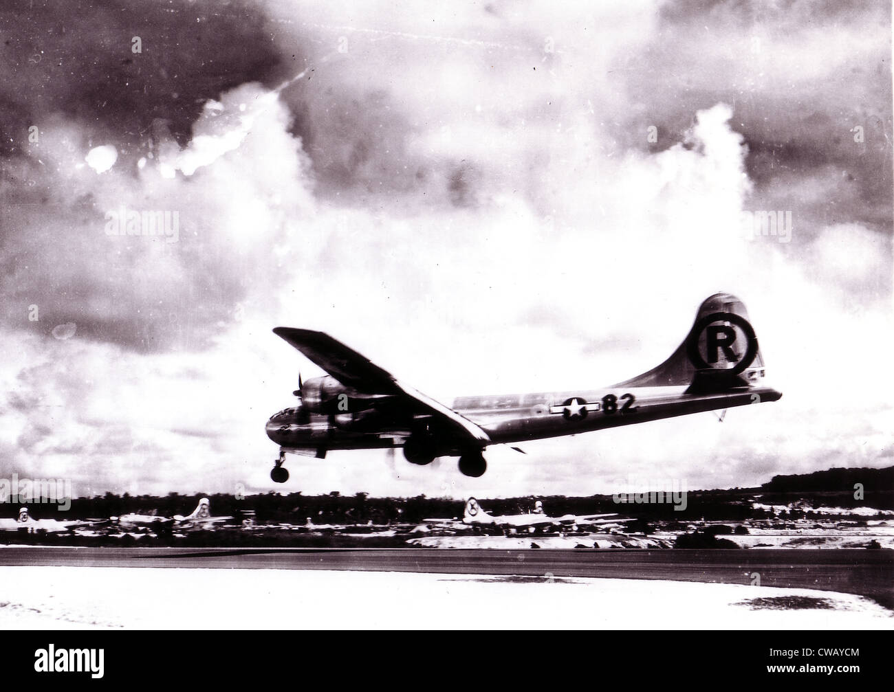 Enola Gay- Boeing B-29 Superfortress 'Enola Gay' landing after the atomic bombing mission on Hiroshima, Japan. 1945 Stock Photo