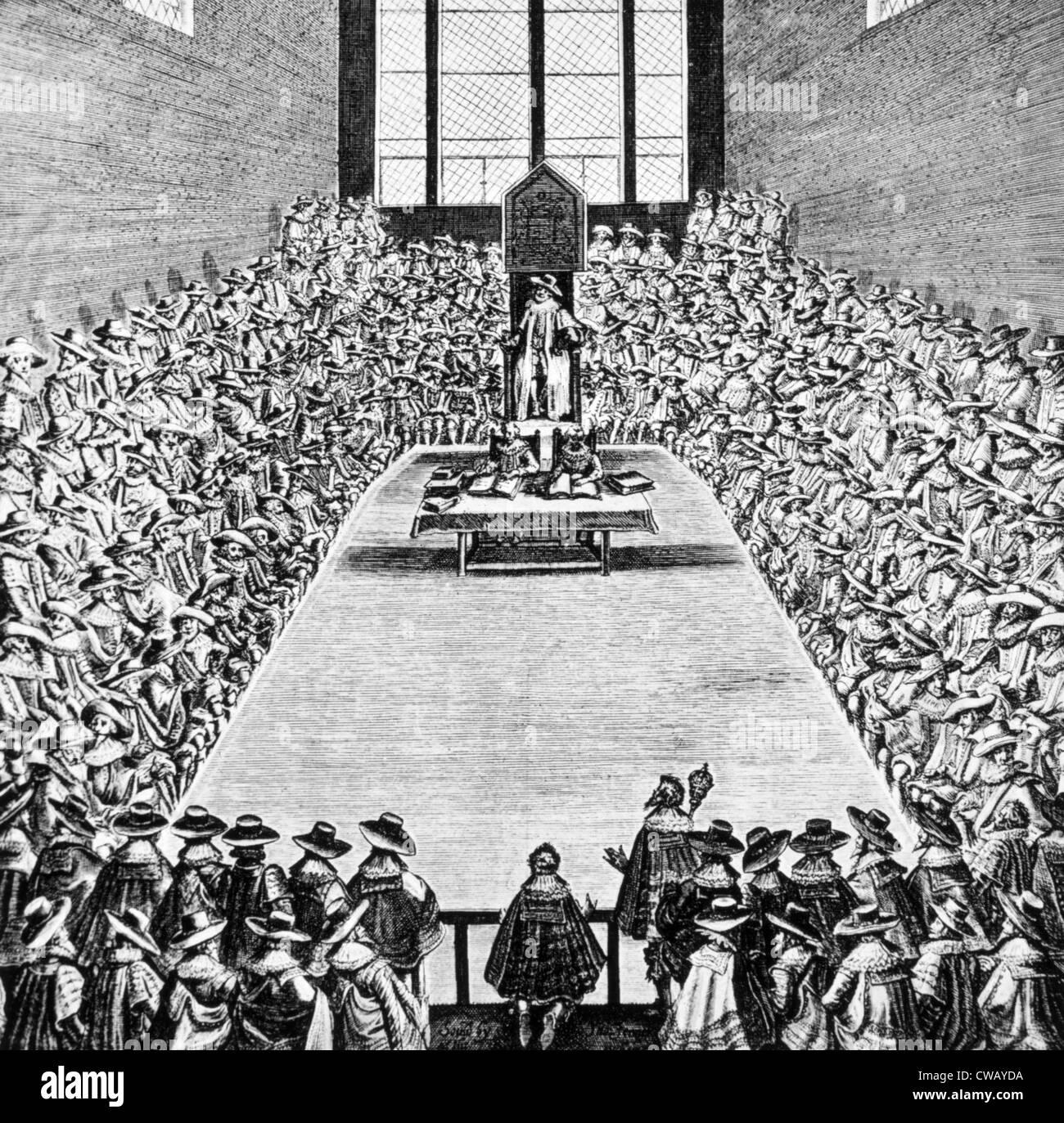 King James I (center, 1566-1625), Parliament in session in the reign of King James I (ruled England 1603-1625) Stock Photo