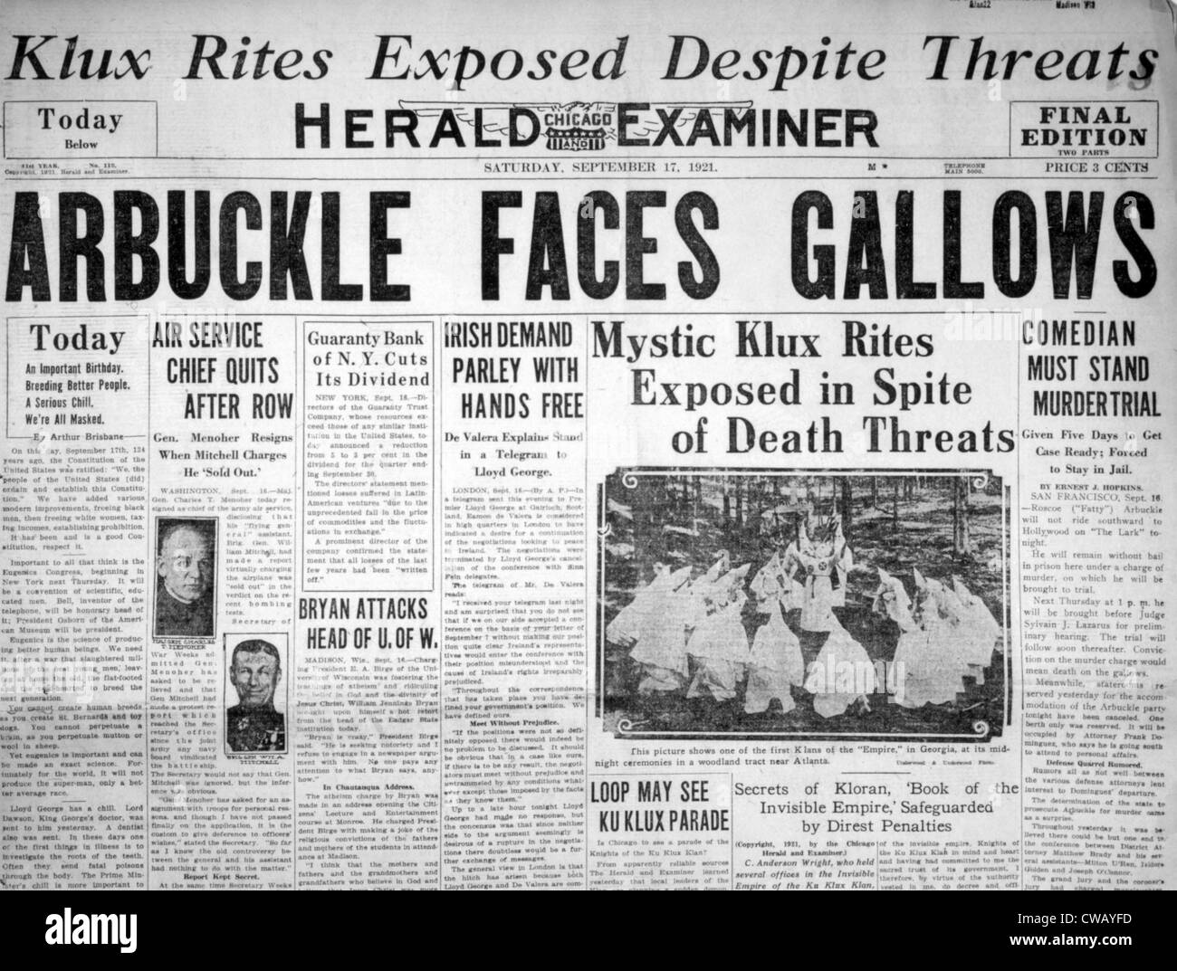 The Roscoe 'Fatty' Arbuckle murder case as reported in the San Francisco Herald Examiner, Septeber 17, 1921 Stock Photo