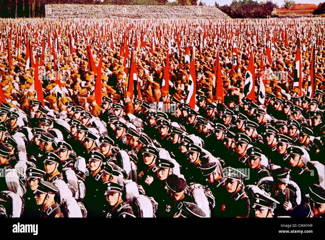 Nazi Germany, SS (Schutzsteffel) and SA (Sturmabteilung) troops at Nuremberg rally, 1933. Stock Photo