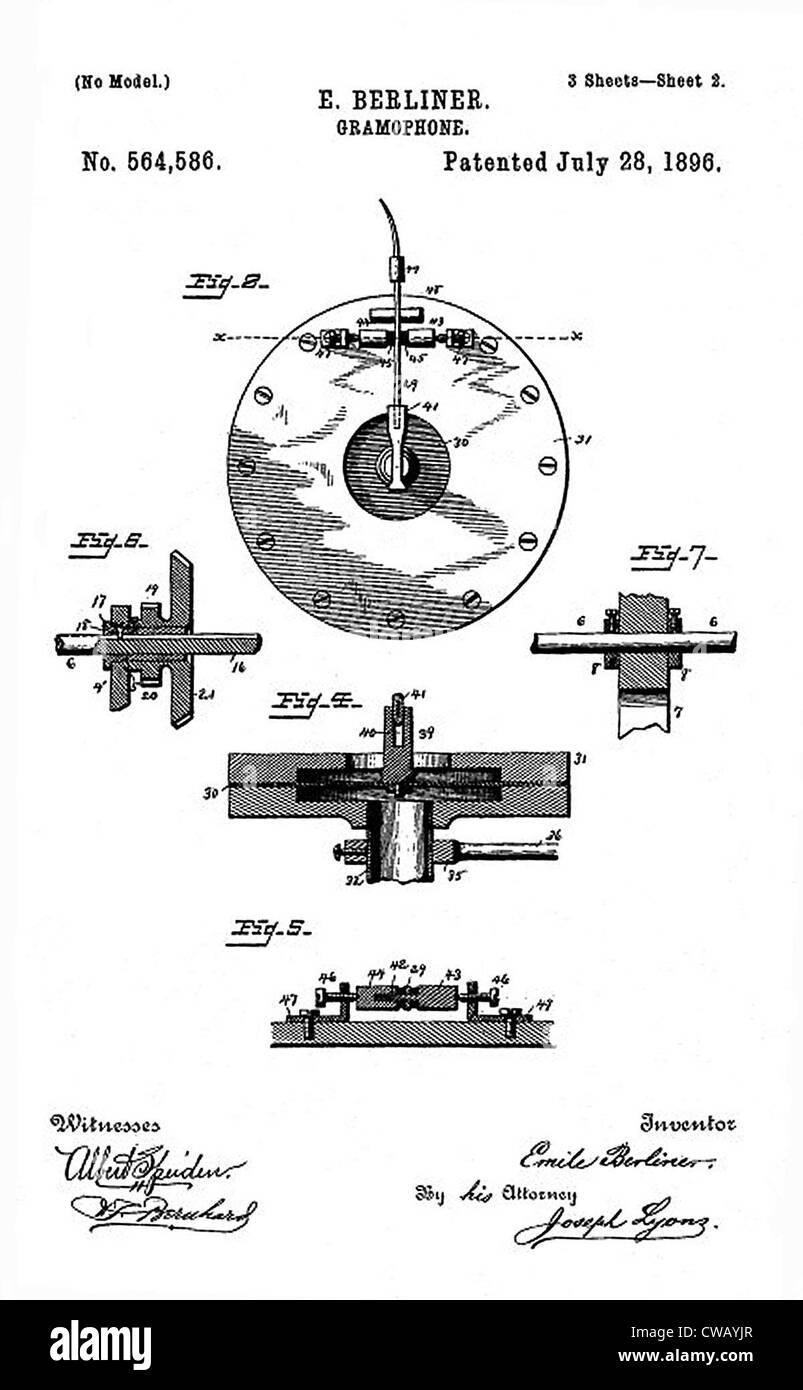 Early recording device: The Berliner gramophone detail patent, 1896. Stock Photo