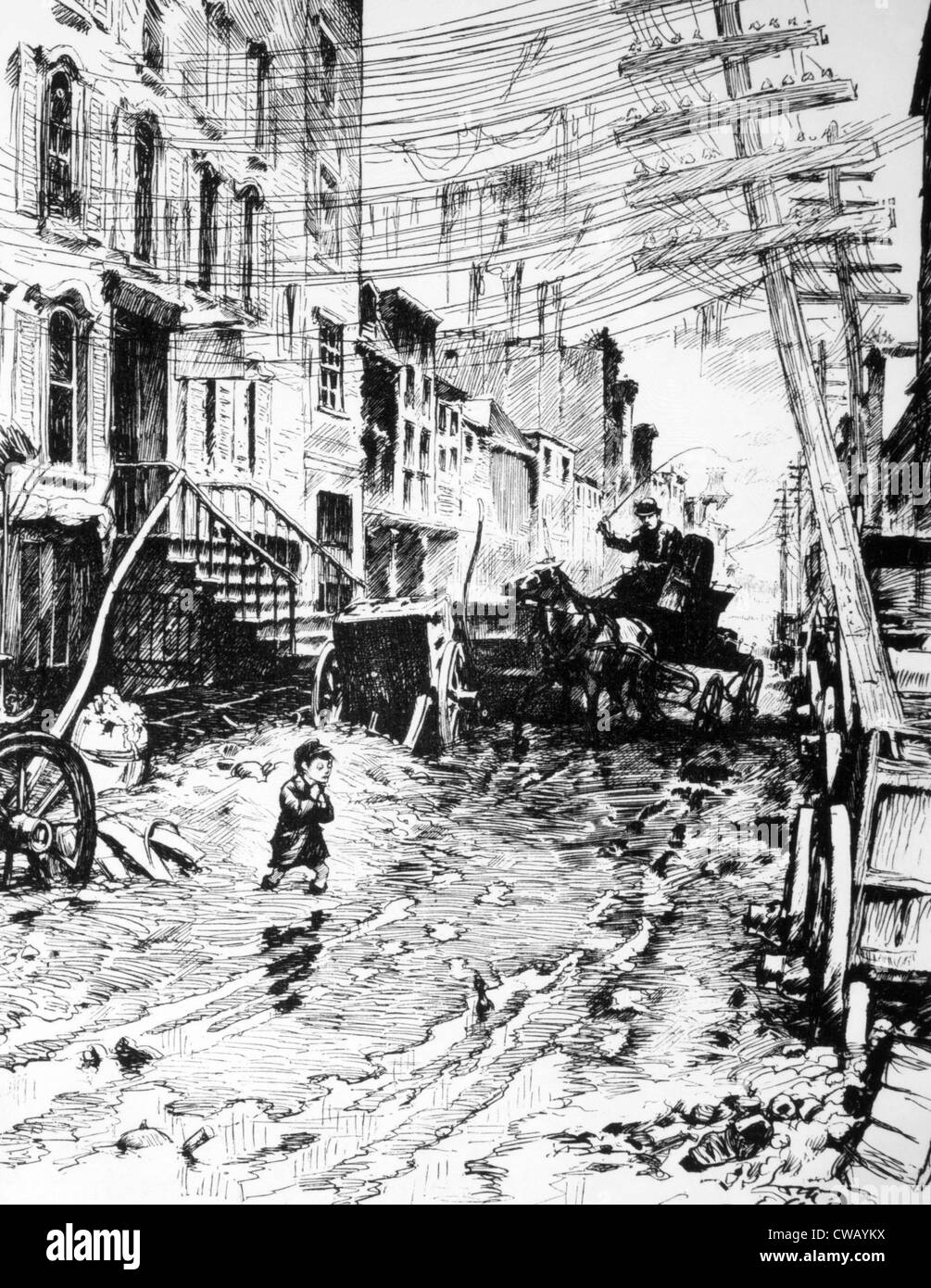 The slums of New York, c. 1880. Cartoon by William Allen Rogers in Harper's Weekly Stock Photo
