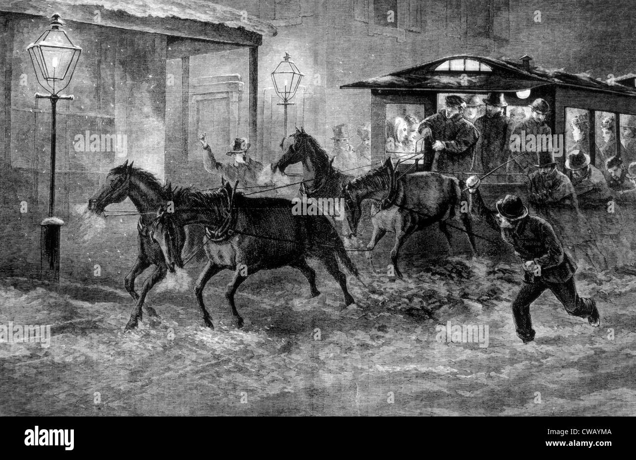 Horse-drawn trolley, New York City, c. 1872. Stock Photo