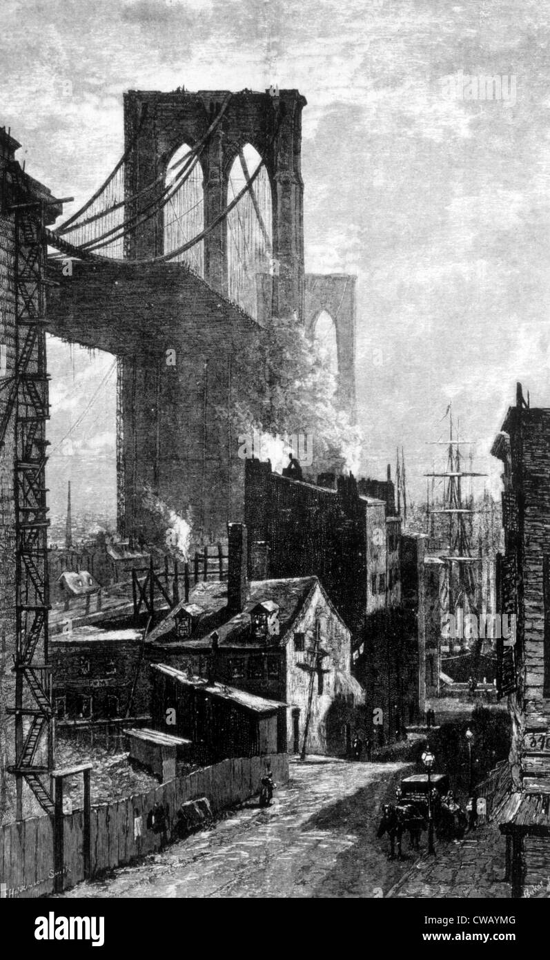 The Brooklyn Bridge, 1881 engraving from Harper's Weekly Stock Photo