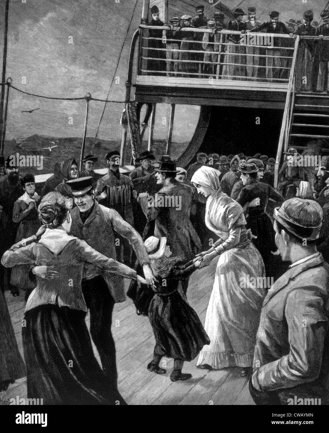 Immigrants dancing in the steerage mid-ocean en route to New York, c. 1891. Stock Photo