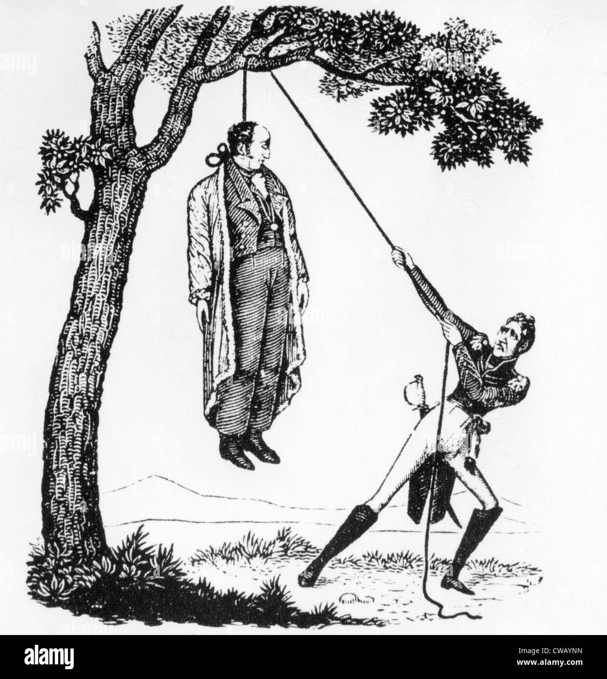 Political cartoon depicting President John Quincy Adams being hung by opposition candidate Andrew Jackson during the Stock Photo