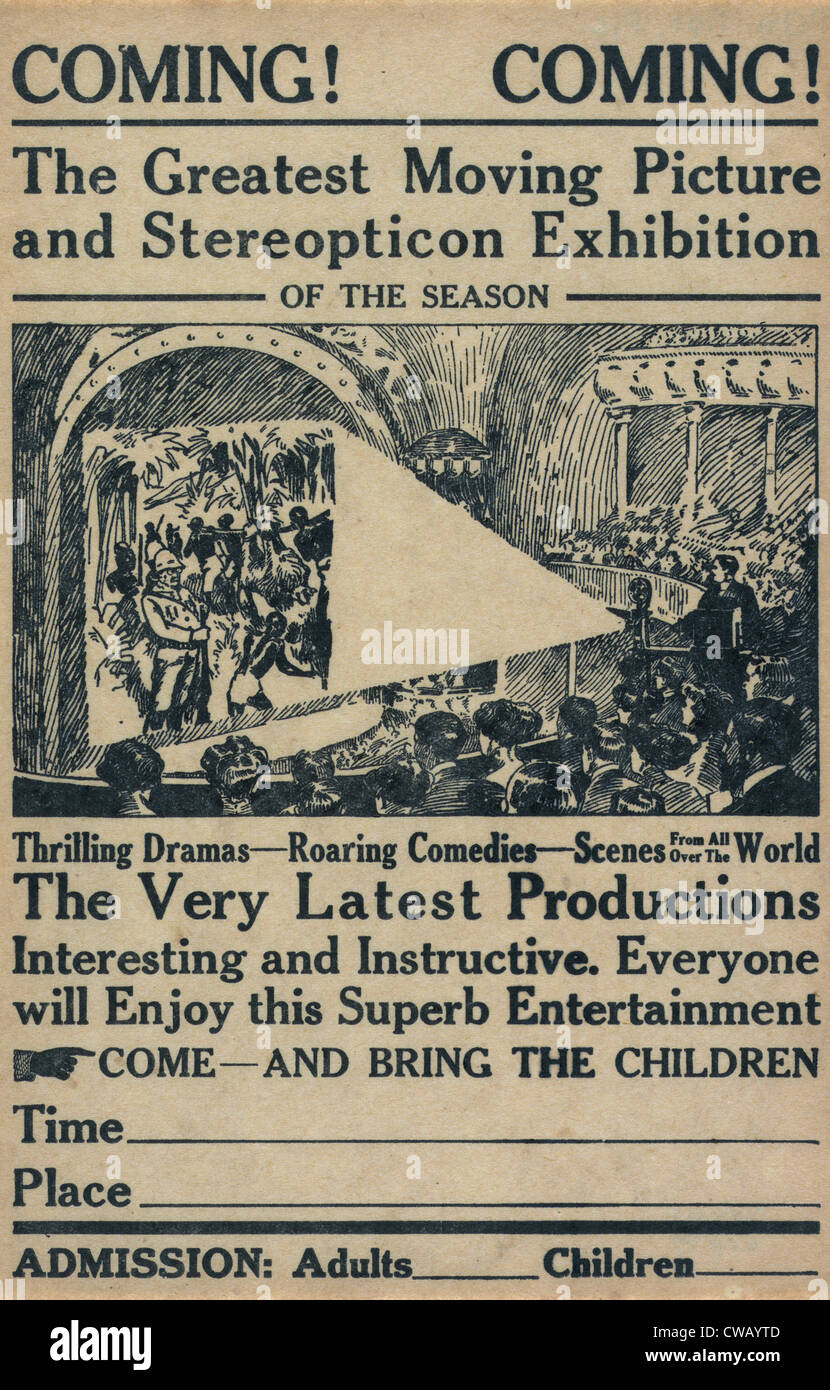 Broadside advertising a motion picture show: text reads: 'Coming! Coming! The greatest moving picture and  stereopticon Stock Photo