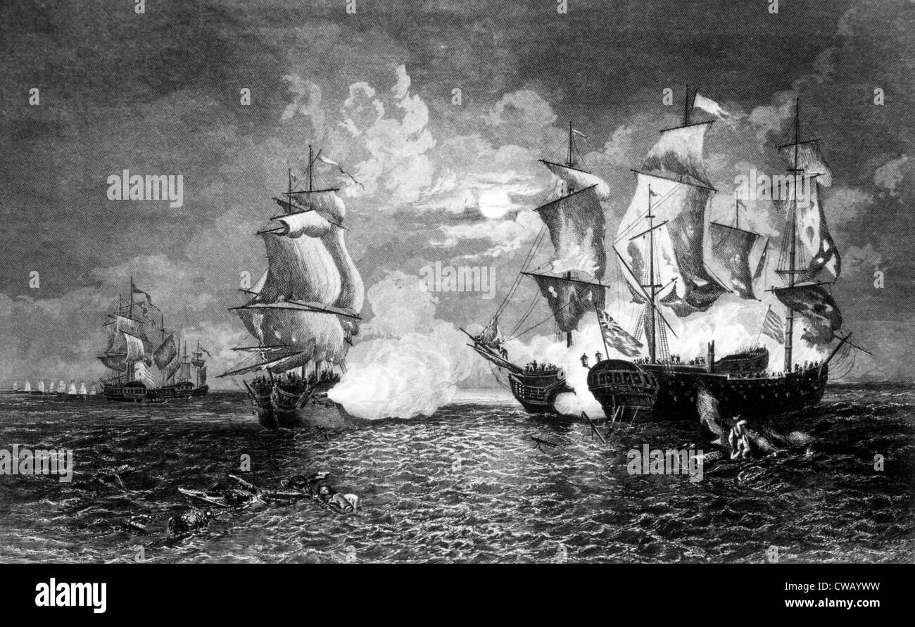 Battle between Captain John Paul Jones' ship Bon Homme Richard and the British frigate Serapis, September 23, 1779 Stock Photo
