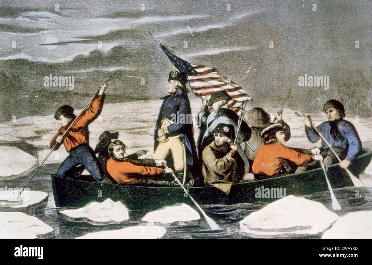 General George Washington crossing the Delaware River on the eve of the Battle of Trenton, December 25, 1776, lithograph by Stock Photo