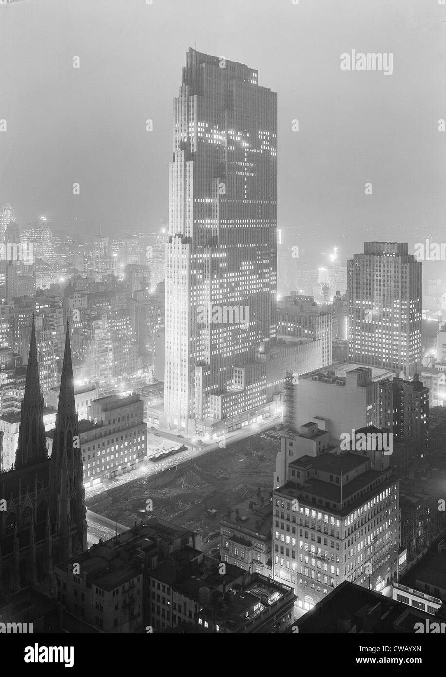 New York City, Rockefeller Center and RCA Building at night, from 515 Madison,, photograph by Samuel H. Gottscho, December 5, Stock Photo
