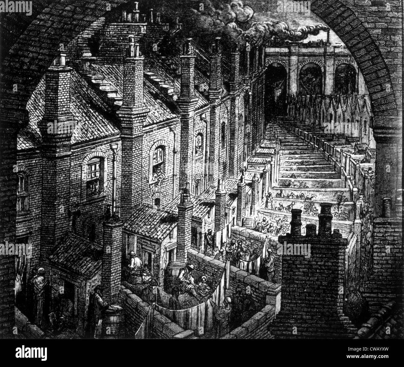 Slums of London, engraving by Gustave Dore, circa. 1850. Stock Photo