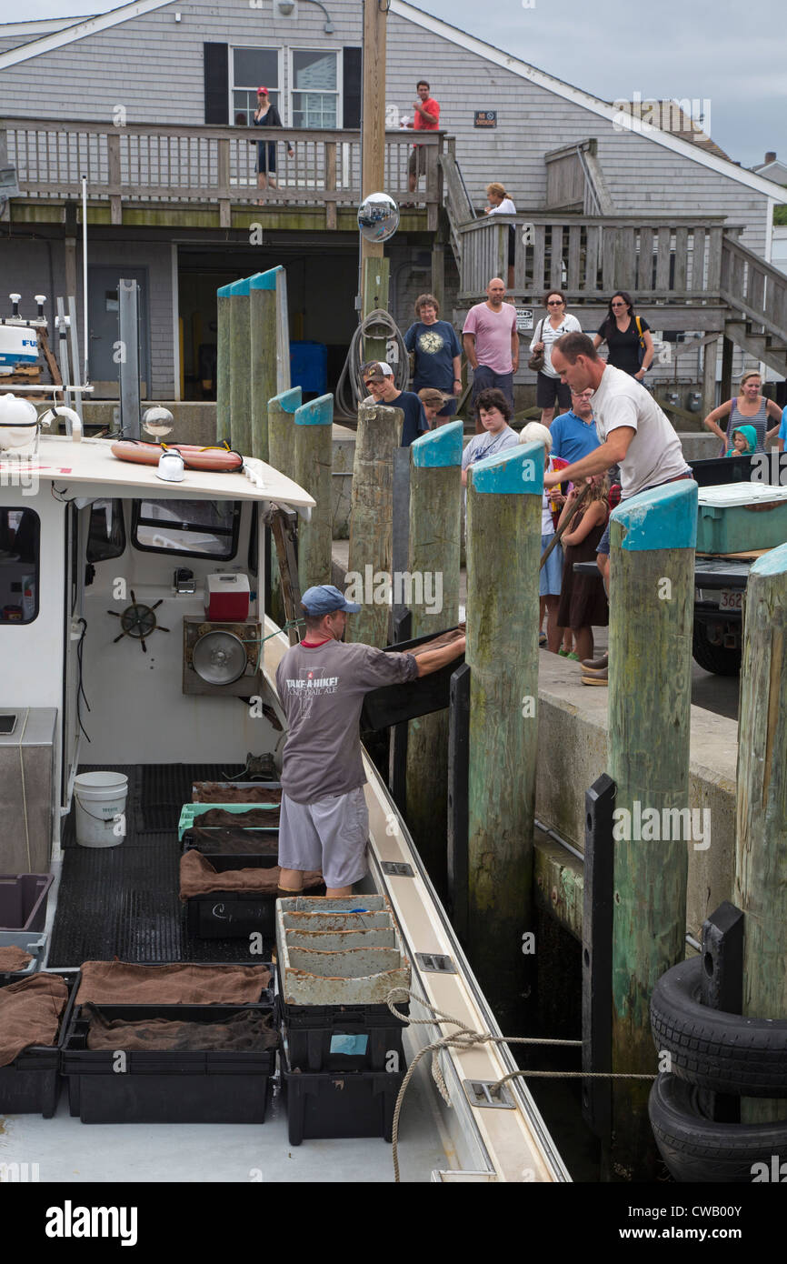 Chatham, Massachusetts Tourists watch as fishermen unload their catch