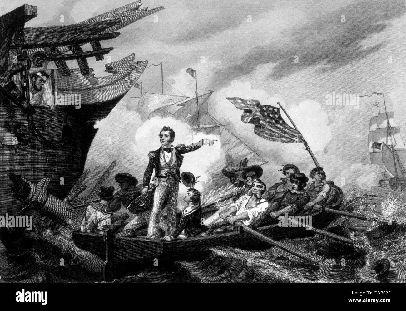 The Battle of Lake Eric, Commodore Perry transporting his flag from the Lawrence to the Niagara, September 10, 1813 Stock Photo