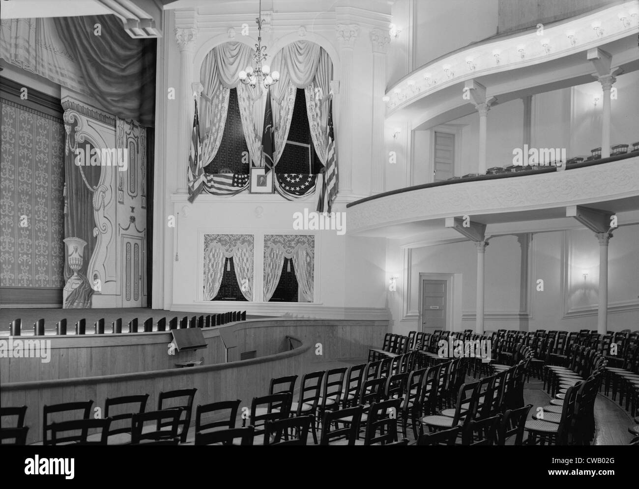 Theaters, Ford's Theater, site of the Assassination of President Abraham Lincoln, interior, Presidential box from orchestra, Stock Photo