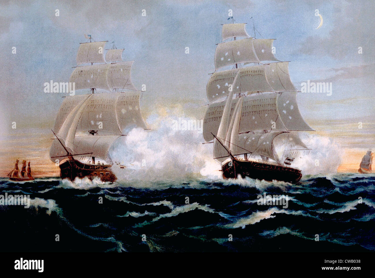 The War of 1812, U.S. and British frigates in battle, lithograph published 1899 Stock Photo