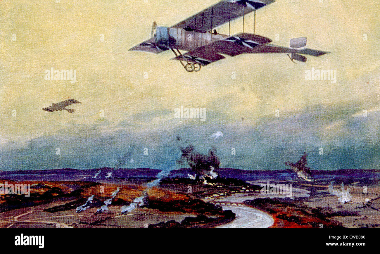 World War I, German biplane on reconnaissance over the Marne, painting by Hans Rudolf Schulze Stock Photo
