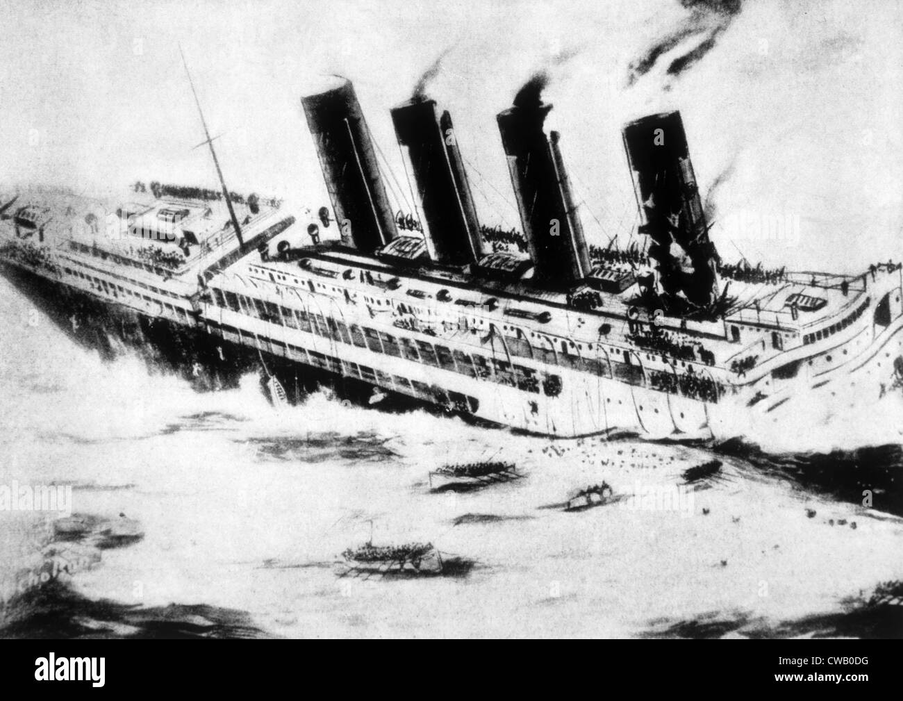 World War I, the Lusitania sinking off the coast of Ireland after being torpedoed by a German U-boat, May 7, 1915 Stock Photo