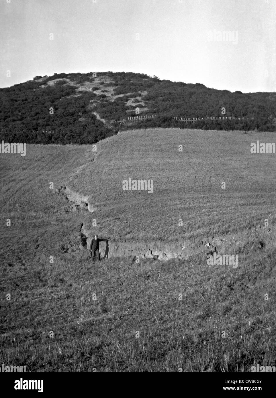 Man Standing at San Andreas Fault in northern California in 1906 after