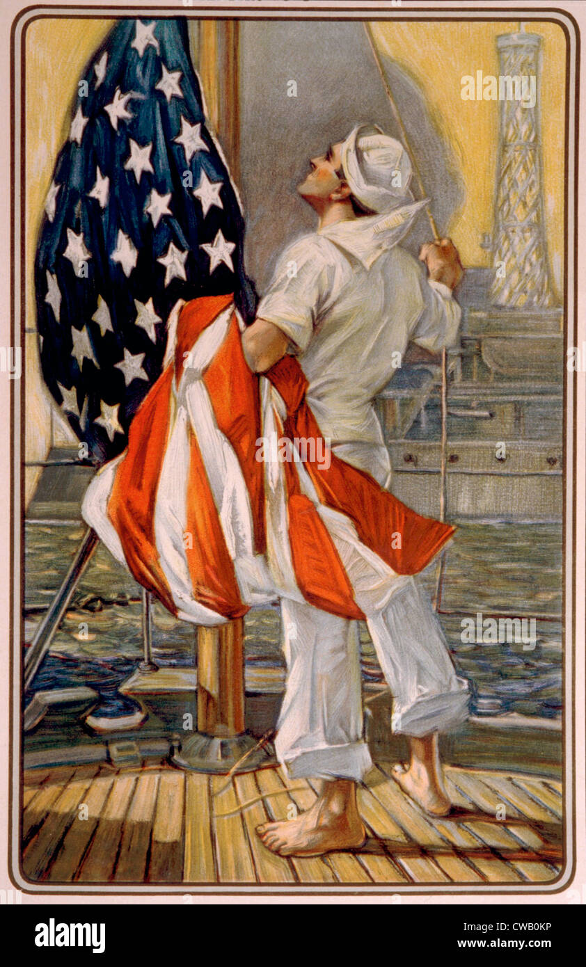 World War I, american calendar art of sailor raiding the American flaf aboard ship, 1917 Stock Photo