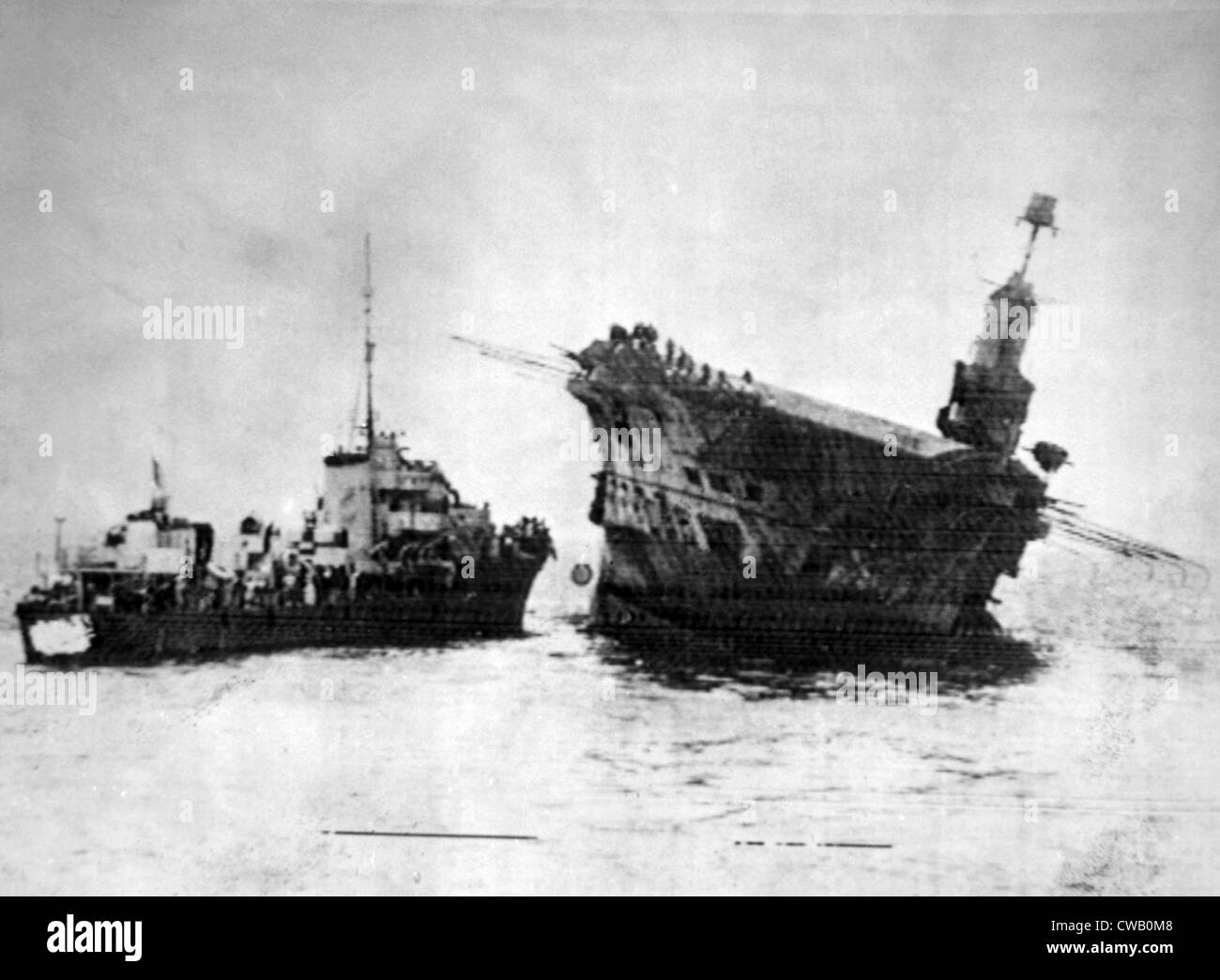 World War II, British aircraft carrier Ark Royal sinking after being torpedoed off Gibralter, 1941 Stock Photo