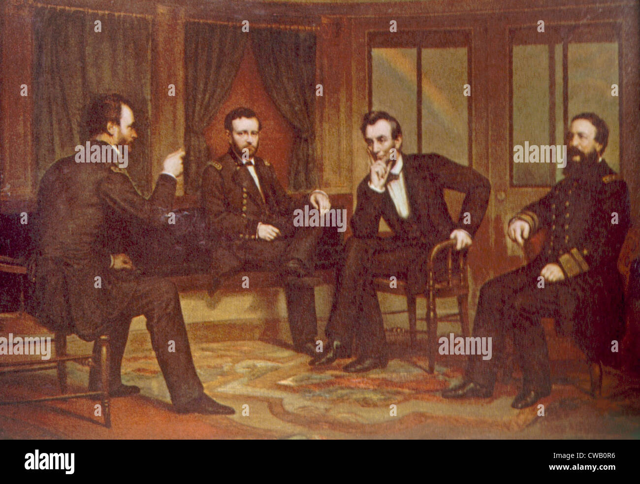 General William T. Sherman, General Ulysses S. Grant, President Abraham Lincoln, Admiral David D. Porter discuss Civil War Stock Photo