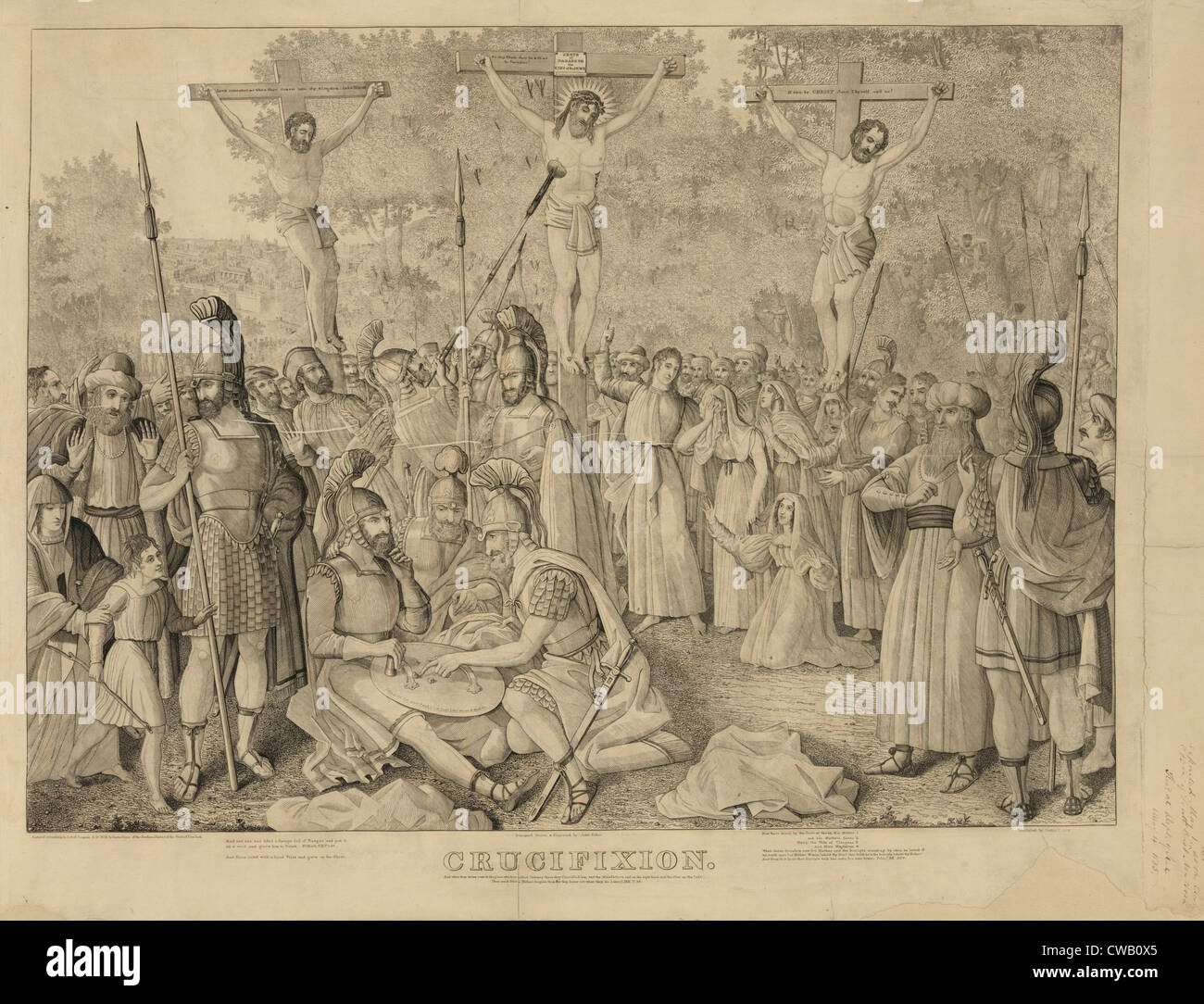 Jesus Christ, depiction of the crucifixion of Jesus Christ (top center), drawing, circa 1835. Stock Photo