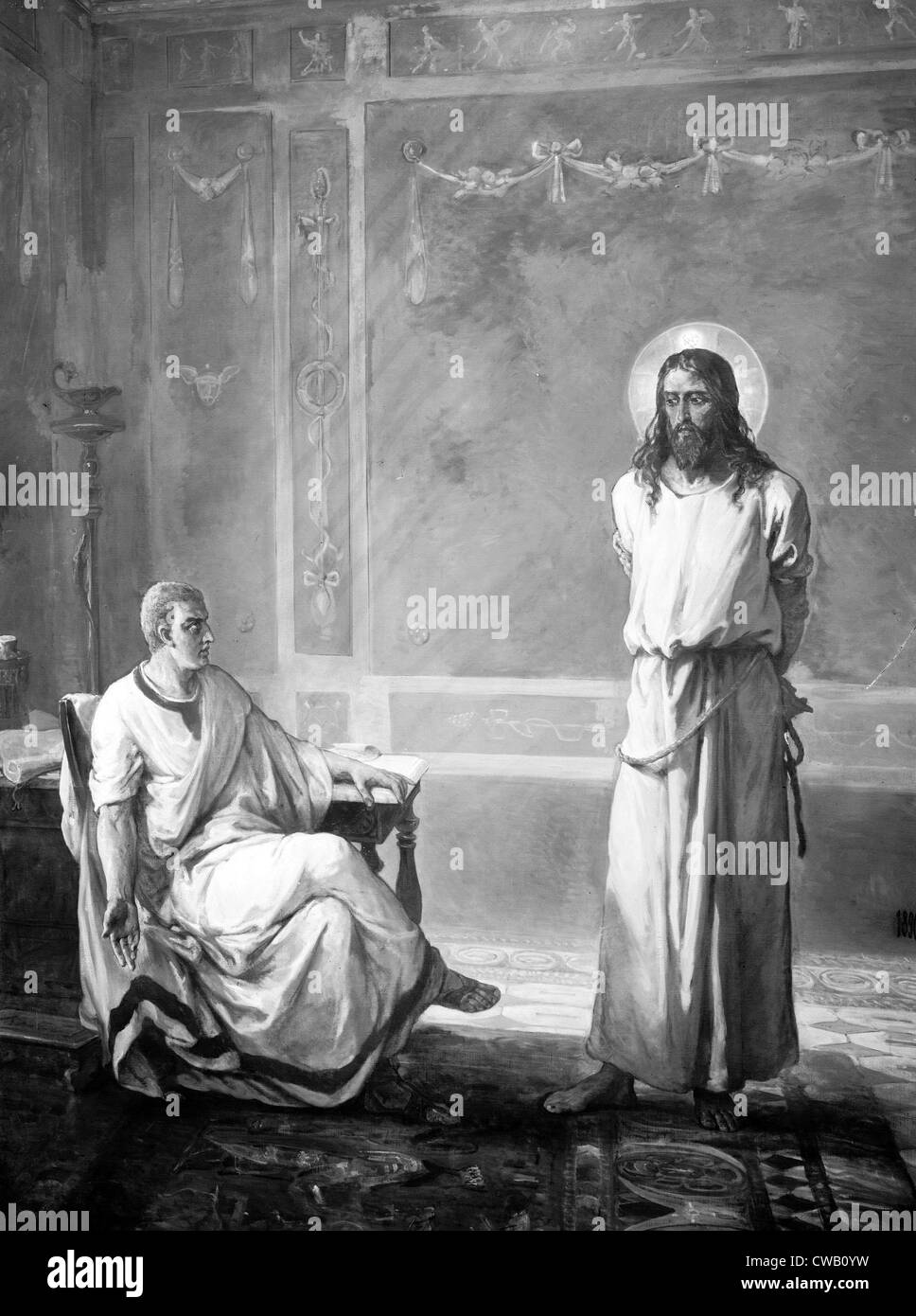 Jesus Christ, title: Jesus Christ tried by Pilate, from Christ's Passion set of paintings by Kosheleff, circa early 1900s. Stock Photo