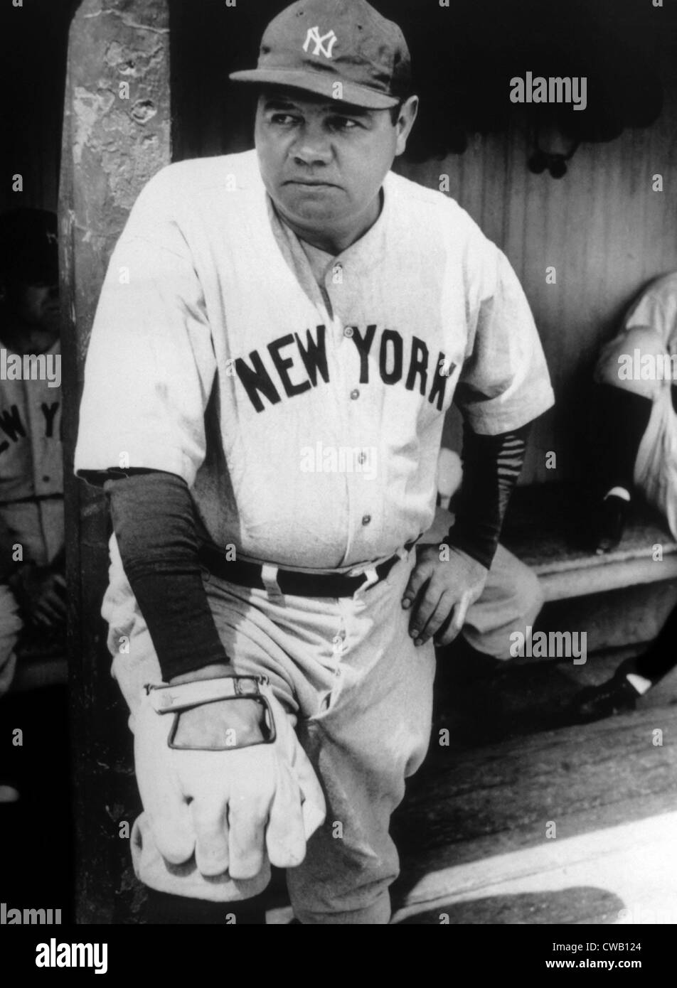 Babe Ruth in the New York Yankees dugout at League Park in Clevelenad,  Ohio, photo by Don Rothenberg, 1934 Stock Photo - Alamy