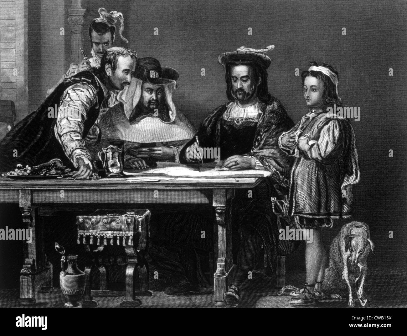 Christopher Columbus planning his first voyage, engraving after