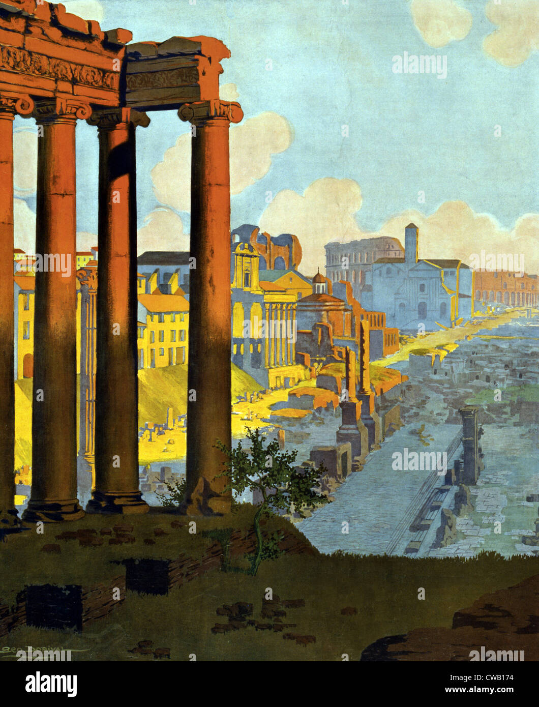 Poster showing the Roman Forum at dawn; George Dorival, artist. 1920 Stock Photo